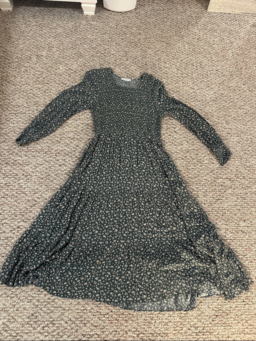 Green Floral Long-Sleeve Smocked Waist Maxi Dress